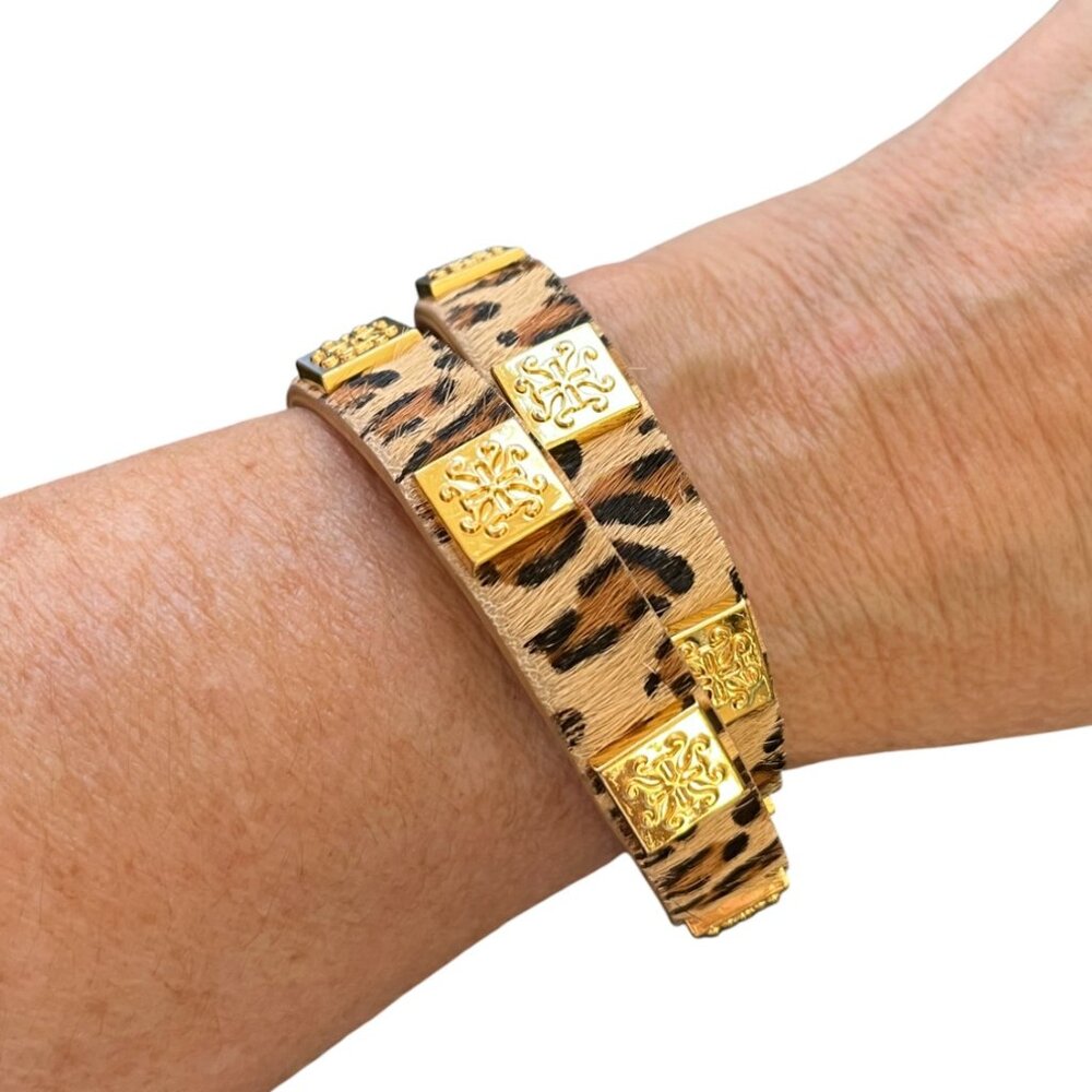 Rustic Cuff Double Wrap Animal Print Leather Calfskin Logo Bracelet